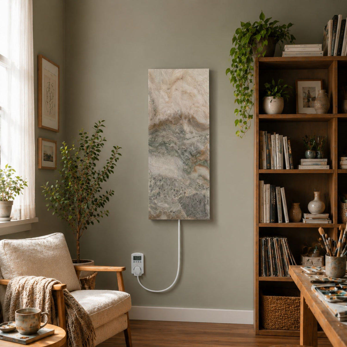 Infraroodverwarming van natuursteen aan de wand naast een fauteuil