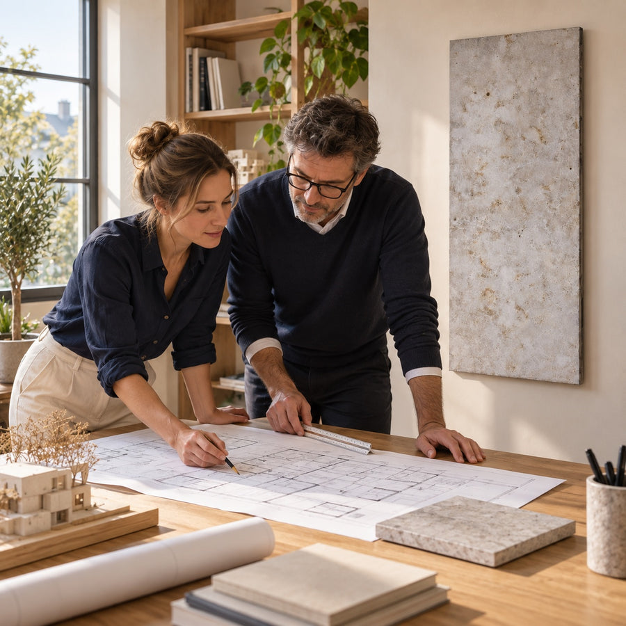 TGA-Fachplanung mit Grundriss, Materialmuster und Natursteinheizung